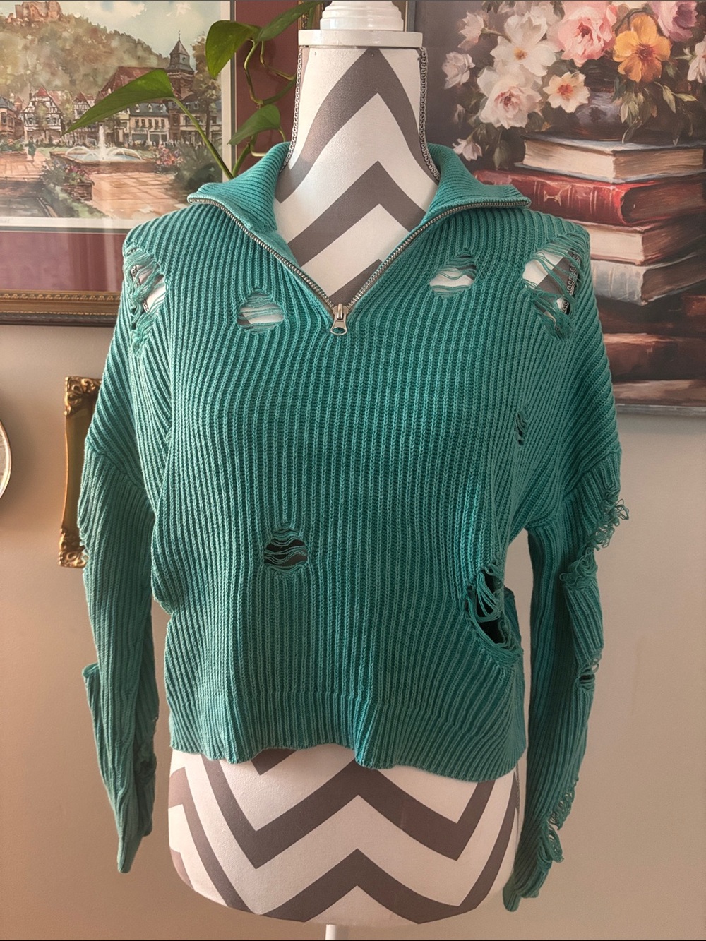 Distressed Half-Zip Ribbed Sweater - Teal